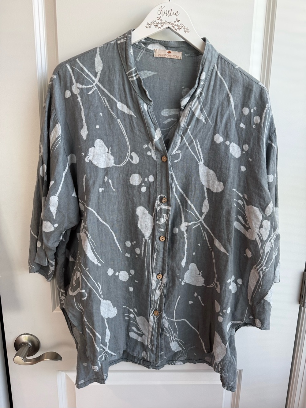 Lands Downunder 100% Linen Blouse Lagenlook Painted Look Bohemian Artsy Large